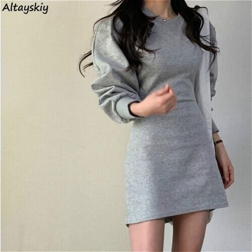 Long Sleeve Dresses Women Loose Solid Spring Oversized Chic Ins Elegant Mini Vintage O-Neck Empire Show Off Ones Waist College