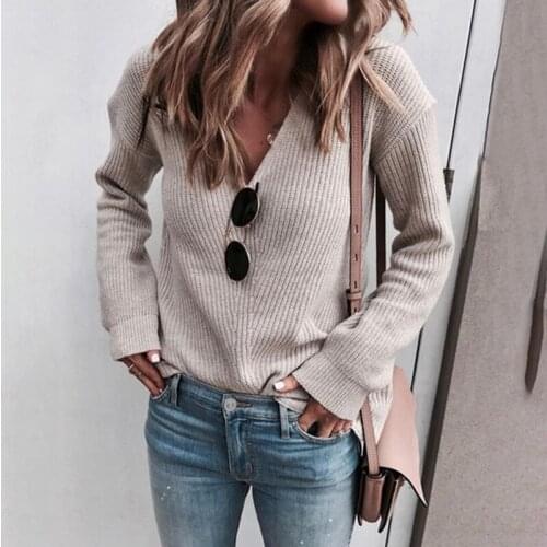 Women Knitted Sweater Sexy v-neck Full sleeve pullover tops oversize sweater solid women clothes autumn winter pink sweater tops