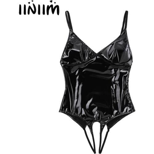 Womens Lingerie Bodystocking Catsuit Femme Open Crotch Wetlook Latex Exotic Costumes Leather Crotchless Sissy Clubwear Bodysuit