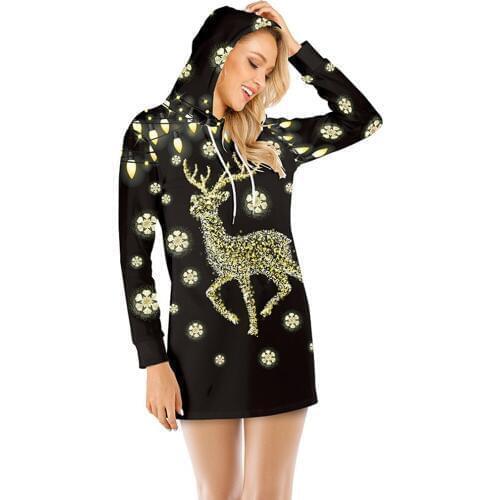 Women Autumn Christmas Dress 3D Santa Claus Print Ugly Elk Christmas Hoodie Long Sleeve Long Pullover Tunic Sweatshirt Pullover