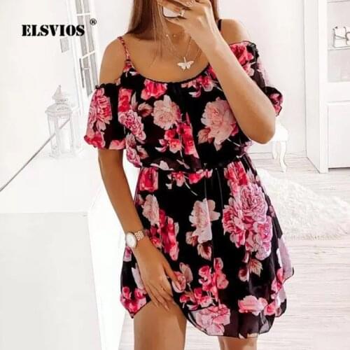 New Summer Sexy Sling O Neck Flower Printed Chiffon Womens Dress Fashion Casual Short Sleeves Elegant Slim Office Lady Vestidos