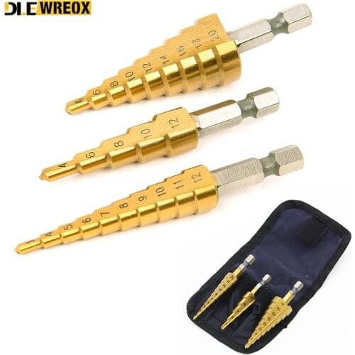 3pcs HSS Steel Titanium Step Drill Bits 3-12mm 4-12mm 4-20mm Step Cone Cutting Tool Woodworking Wood Metal Drilling Set With Bag