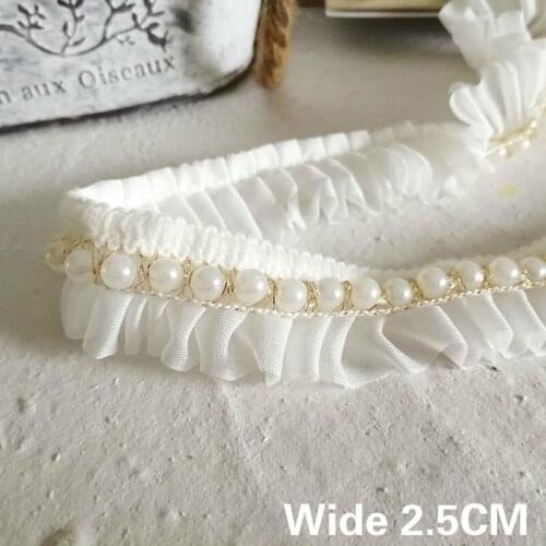 2.5CM Wide White 3D Pleated Chiffon Lace Applique Beaded Collar Edge Trim Handmade DIY Crafts Curtains Skirts Hem Sewing Decor