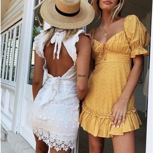 Polka Dot White Summer Dress Lace Up Hollow Out Mini Sun Dress Yellow 2021 Beach Boho Dresses Casual Fashion Vestidos Mujer