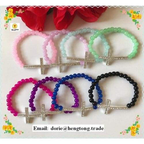 Free shipping mixed color beautiful cute sideway crucifix cross bracelet, clear crystal glass bead Love Rosary Bracelet