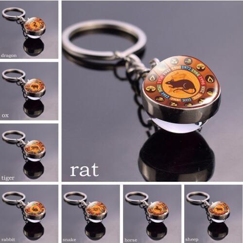 12 Zodiac Sign Glass Ball Key Chain Rat Ox Dragon Pendant Jewelry Fashion Constellation Keychain Keyring Friendship Best Gifts