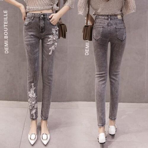 Stretchy Plus Size Jeans Women Skinny Jeans Lady Appliques 3D Flower Embroidery Hole Ripped Pants Sequined High Waist Mom Jeans