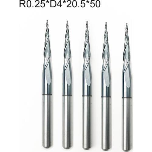 5pcs/lot R0.25 x 4mmx 20.5x 50L shank 2 flutes Tungsten solid carbide Coated tapered ballnose woodworking milling cutter