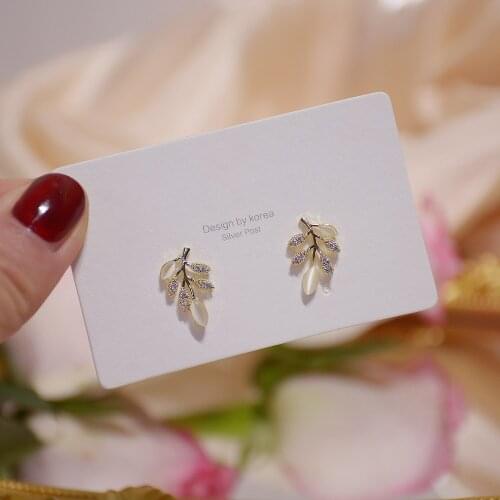 Exquisite copper inlaid zircon leaf opal earrings 14K real gold plated small womens student gift earring Korean jewelry