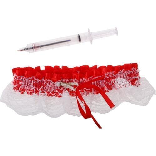 Nurse Costume Lace Garter &Red Plastic Syringe Pen Set Women Party Fancy Dress for Hospital Honey Dress Up Halloween Fancy Dress