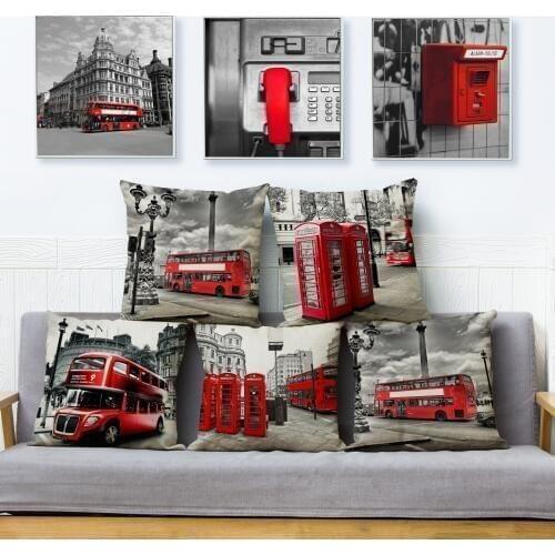 Red London Bus Print Cushion Cover Beige Linen Pillow Covers 45*45cm Square Throw Pillows Cases Sofa Home Decor Pillowcase