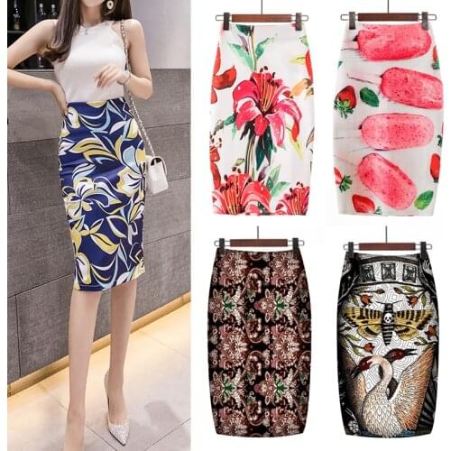 Ready Stock Fashion Women Elastic High Waist Pencil Skirts Midi Skirt Women Printed plus size short skirt Knee-Length