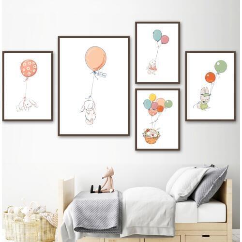 Cartoon Balloon Flower Basket Rabbit Nordic Posters And Prints Wall Art Canvas Painting Animal Wall Pictures For Kids Room Decor