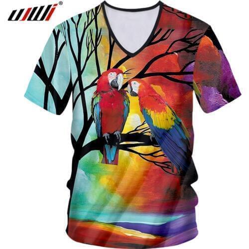 UJWI T Shirts Men Deep V-neck Short Sleeve 3D Tee Shirt Printing Red Parrot Summer Plus Size 5XL 6XL Spring T-shirt