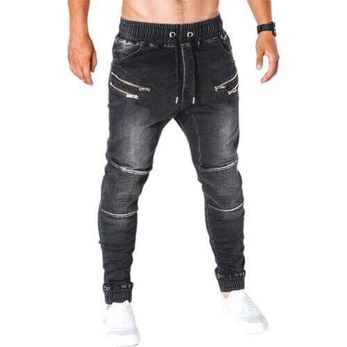 Brand New Men’s Korean Tight-fitting Pencil Jeans Trousers Personality Zipper Drawstring Mid-waist Stretch Denim Long Pants