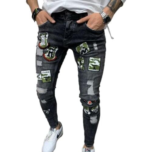 Plus Size Mens Pencil Jeans Patchwork Embroidery High Waist Skinny Ripped Denim Pants Spring Autumn Male Casual Tight Trousers