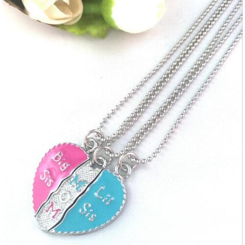Big Sister& MOM & Little Sister Series Family Stylish Necklace Set Blue Pink Silver 3 Jewelry Split Broken Heart BFF Necklace