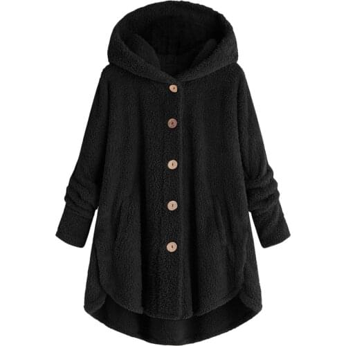 Autumn Winter Women Plus Size Button Plush Tops Hooded Loose Cardigan Wool Teddy Coat Stylish Female Thick Warm Winter Jacket