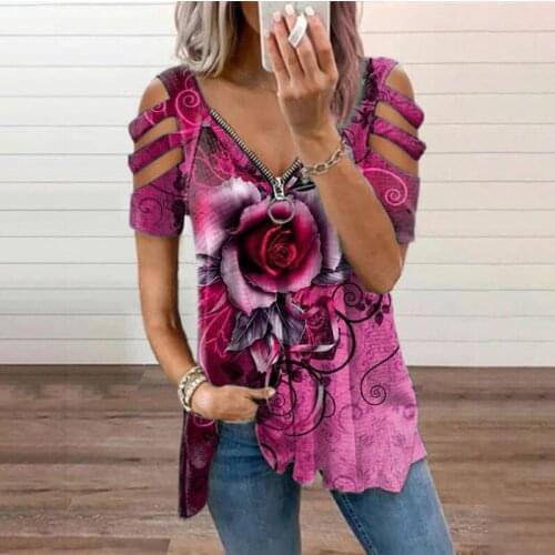 Plus Size Women Summer Tops Loose Casual Short Sleeve Zipper Off Shoulder Rose Printed T Shirts Female