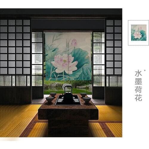 Ink painting curtain Chinese lotus flower window blind water Japanese half curtain cotton and linen curtain porch decoration