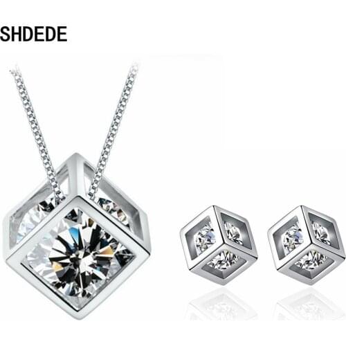 SHDEDE Clear Cubic Zirconia Necklace Earrings Jewelry Sets For Women Fashion Anniversary Gift Classic Simple