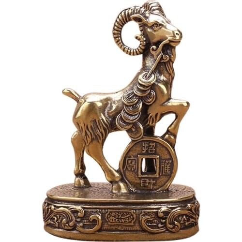 Vintage Copper Feng Shui Coins Goat Statue Desktop Ornament Home Decoration Craft Accessories Lucky Zodiac Animal Sheep Figurine