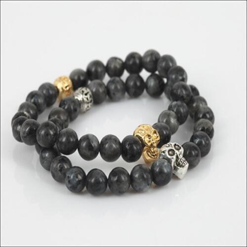 High quality gold/silver color skull head men charm stretch bracelet natural 8mm iron ore round gem stone beads women bracelet
