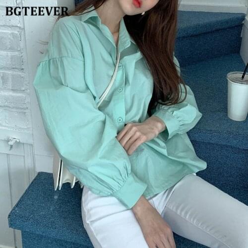 BGTEEVER Chic Loose Summer Autumn Mint Green Ladies Shirts Tops Lapel Full Sleeve Single-breasted Loose Women Blouse 2021