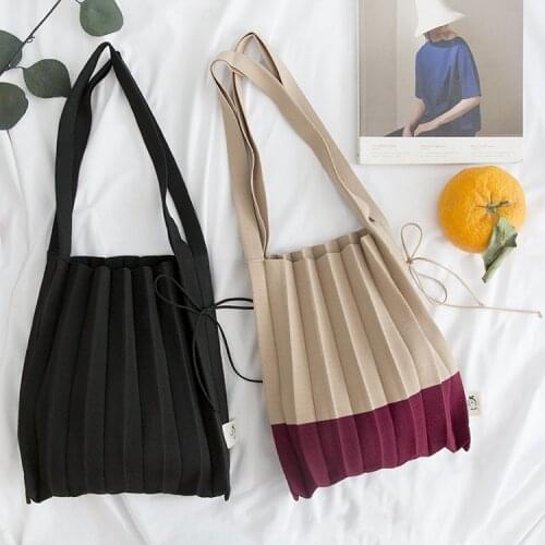 Women Shoulder Bag solid patchwork knit Canvas Shopping weave Handbag Tote for Ladies Large Capacity string beach high quality