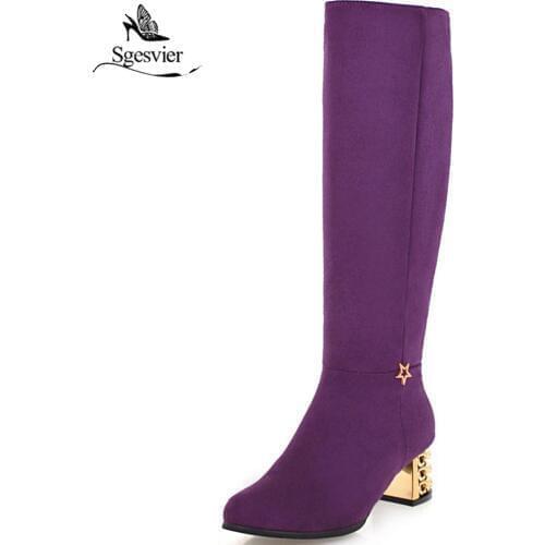 Sgesvier 2018 Fashion Star Buckle Crystal Block High Heel Mid Calf Ridding Knight Boots Female Green Purple Ladies Shoes B603