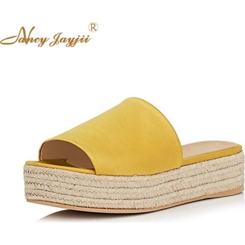 Mule Espadrille Platform Med Heel Flat Slippers Yellow Red Blue Big Size 8 9 15 Straw Shoes Womens Slides Casual Summer 2019