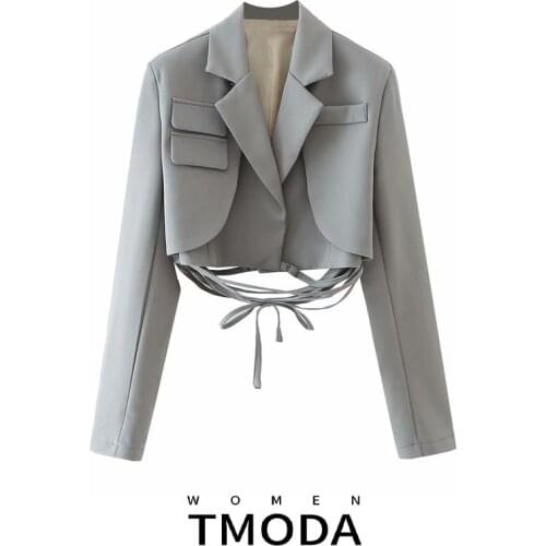 TMODA1952 2021 Women Gray Double Layer Bandage Slim Blazer Long Sleeve Pocket Short Jacket Female Notched Collar Outwear Tops