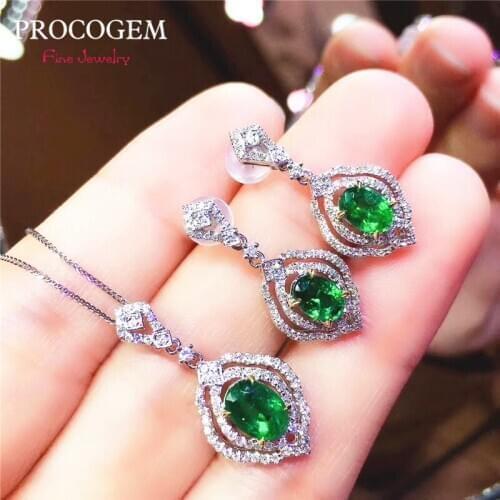 VS Natural Emerald set for women Party Wedding Necklace Drop Earrings Fine Jewelry Sets real Green Gemstones 925 Sterling Silver