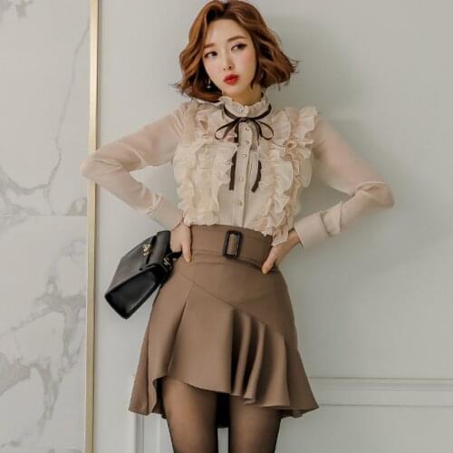 2021 Korea Women Two Piece Set Autumn Sweet Bow Ruffles Long Sleeve Chiffon Shirt Tops + High Waist Irregular Mini Skirts Suit