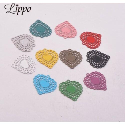 100pcs AC2575 Brass Small Heart Charms Colorful Filigree Earrings Connector Metal Embellishment DIY Jewelry Materials 14mm*15mm