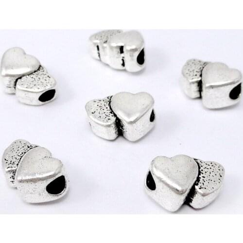 50pcs-Antique Silver Double Heart Beads, Spacer Beads 12x8x7mm