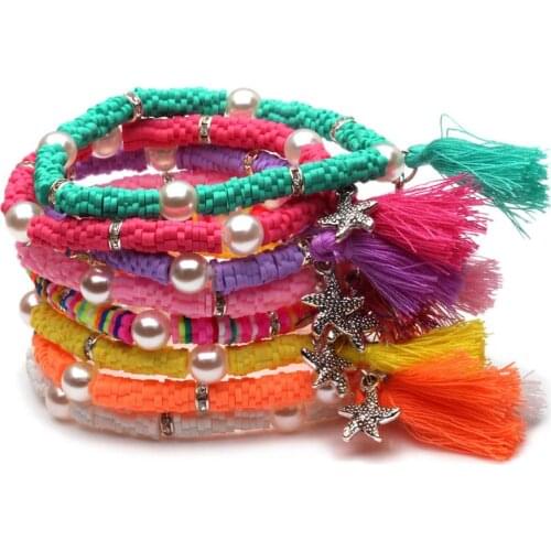 Boho Multicolor Polymer Clay Heishi Beads Olivet Tassels Zinc Alloy Starfish Stretch Bracelet Women Pretty Cute Jewelry Present