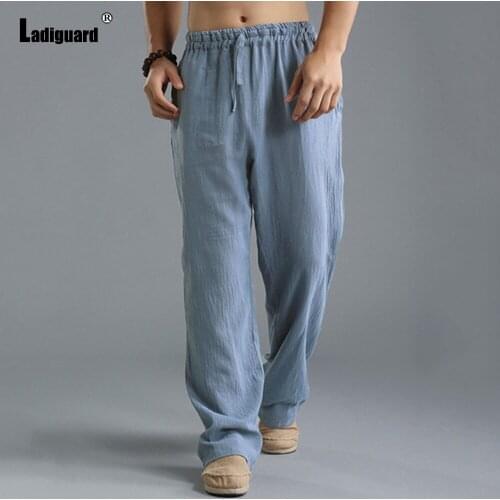 Ladiguard Mens Solid Linen Pants Male Fashion Loose Pants Streetwear Hip Hop Sweatpants Straight Bottom Plus Size Mens Trousers