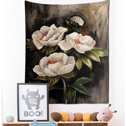 Elegant White Flower Tapestry Wall Hanging Ink Flower Pattern Bohemian Psychedelic Hippie Home Decor