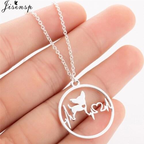 Jisensp ECG Heart Necklaces for Women Cute Animal Chihuahua Dog Pendant Necklace Stainless Steel Jewelry Collier Bijoux