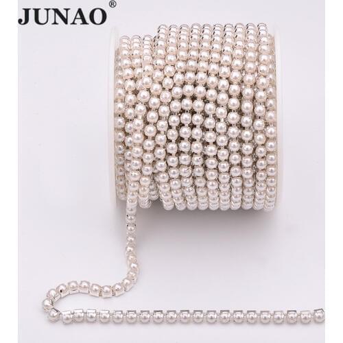 JUNAO SS6 2mm SS12 3mm SS16 4mm Silver Gold Pearl Rhinestones Cup Chain Sewing Pearl Crystal Trim Strass Ribbon for DIY Clothes