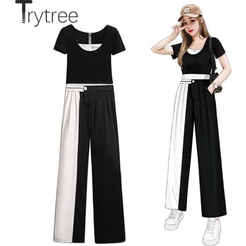 Trytree 2021 Summer Women Two Piece Set Casual O-neck Knitted Elastic Tops + Wide Leg Pants Patchwork Pocket 2 Color 2 Piece Set