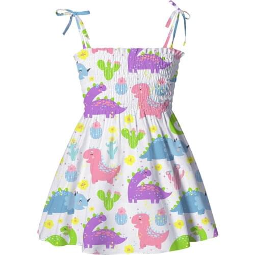 Summer Toddler Baby Kids Girls Dress Dinosaur Printed Princess Dress Sleeveless Spaghetti Strap Beach Party Dresses Vestidos