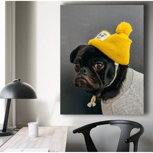 Wall Art Decoration Cool Black Bulldog Yellow Hat Poster Prints On Canvas Painting Children Room Home Decor Cudros No Frame