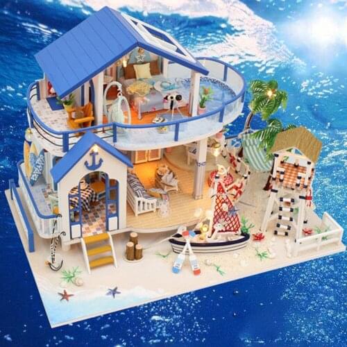 2021 New Seaview Villa Model DIY Wooden House Lighting Adults DIY Assemble Toys Summer Beach Miniature Dollhouse Handmade