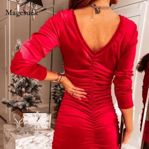 New Pleated Long Sleeve Knitted Bodycon Dress Spring Sheath Elegant Dress Fashion V-neck Chic Ruched Womens Dress Robe 12837