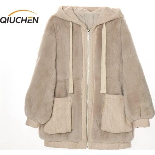 QIUCHEN PJ21024 2021 New arrival real fur coat women winter rex rabbit fur jacket high quality fashion model coat