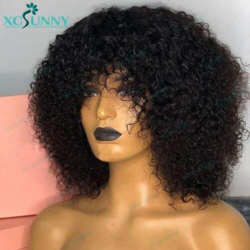 O Scalp Top Full Machine Made Human Hair Wigs With Bangs Curly Wig Brazilian Remy Hair Glueless 18inch For Black Women xcsunny