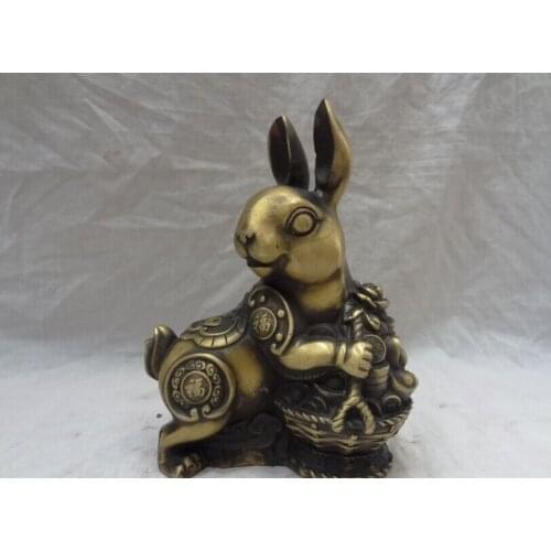 Song voge gem S2675 8" Chinese Bronze Zodiac Fu Wealth YuanBao Coin Basket Animal Rabbit Statue