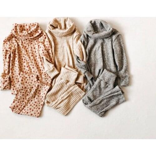 1-5 Years Print Infant Girls Casual Two-piece Clothes Set, Turtleneck Pullover and Elastic Waist Pants, Grey/ White/ Apricot